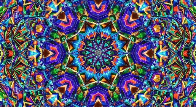Vibrant, geometric kaleidoscopic pattern with dazzling jewel-like facets.