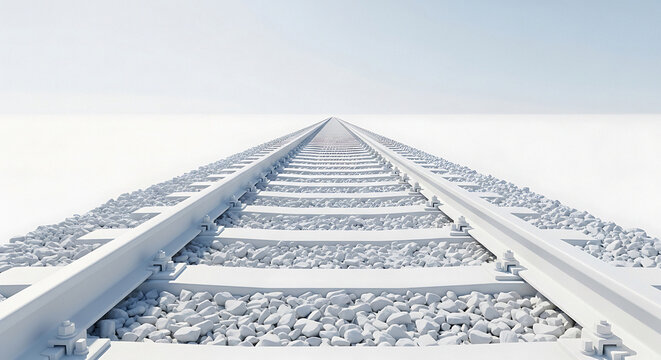 Minimalist white train tracks receding to vanishing point, symbolizing future growth, streamlined progress, and endless opportunities in business travel