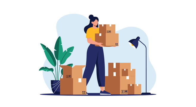 Woman holding moving boxes in a room with houseplants and a floor lamp.
