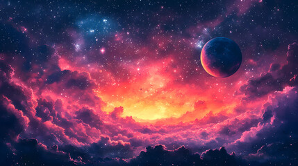 Vibrant Cosmic Tapestry Watercolor Planets and Space Fantasy Render