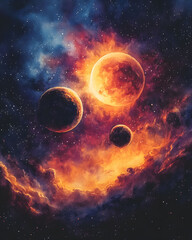 Celestial Symphony A Watercolor Rendering of Planets and Cosmic Nebulae in the Vastness of Space