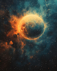 Celestial Sphere A Watercolor-Styled Planet in a Nebula of Cosmic Wonder, Space Artwork