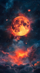 Enchanting Celestial Tapestry A Fiery Moon and Cosmic Dance Across the Night Sky