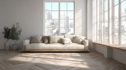 Obraz premium Bright and airy living room with a comfortable sofa and large windows overlooking a winter landscape.