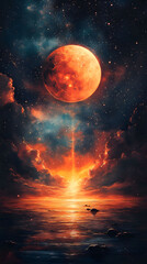 Celestial Majesty A Surreal Dreamscape of a Crimson Planet Rising Above a Fiery Horizon