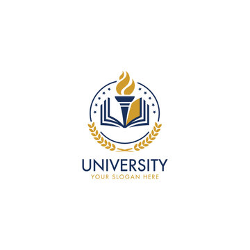 Elegant university logo featuring an open book, torch, and laurel wreath, symbolizing knowledge, enlightenment, and academic excellence isolated on