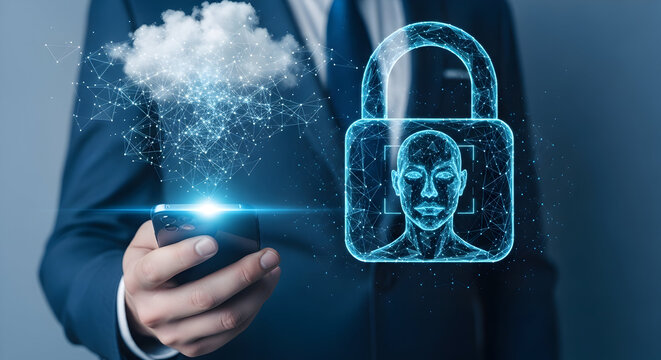 Man uses face recognition on smartphone for secure access connecting to cloud data with digital padlock and biometric authentication for cybersecurity and privacy in a modern technology world