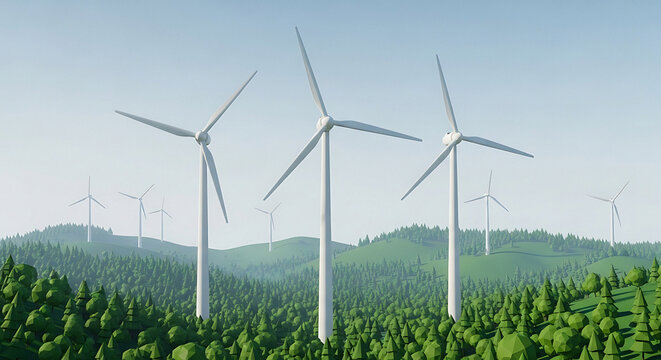 Clean energy future with wind turbines gracefully turning above lush green forests, promising ecological balance and sustainable power generation for generations - Powered by Adobe