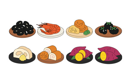 Fototapeta premium Collection of traditional Japanese new year dishes on plates with white backgrounds.
