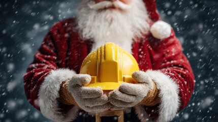santa claus wears white gloves and red coat holding a yellow hard hat concept of holiday construction safety or charity copy space christmas 2026