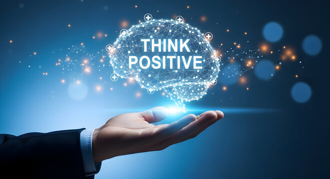 Think positive concept with a glowing brain held in a hand representing mental health optimism and positive thinking for business success and personal development on a blue background - Powered by Adobe