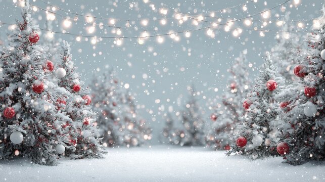 christmas background with snow covered fir trees string lights with red and white ornaments and falling snow festive winter holiday backdrop 2026