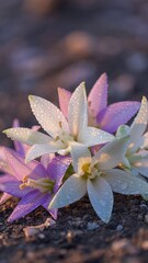 Delicate Starflowers With Dew Drops Bathed In Golden Hour Sunlight On Textured Ground