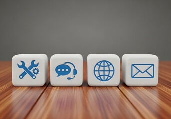 Four white cubes with blue icons representing support communication and global connectivity displayed