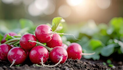 Freshly Harvested Radishes with Vibrant Red Skin and Green Leaves Resting on Dark Rich Soil in a Garden Field During Golden Hour Sunlight