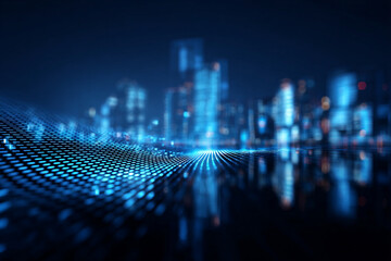 A vibrant blue digital grid extends into a blurred futuristic city background illustrating advanced connectivity and data networks