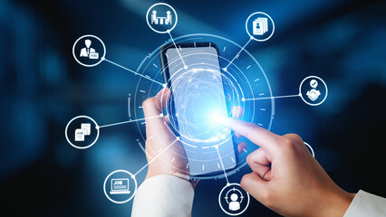 Job search icons show recruitment, HR management, and employee career growth. Job search helps...