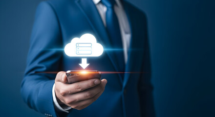 Businessman in a suit using a smartphone for cloud data transfer showcasing modern technology and secure data management for business solutions and digital transformation initiatives in the cloud era
