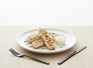 Grilled Chicken Skewers with Creamy Dip Served on a White Plate with Black Utensils on a Light Wood Table