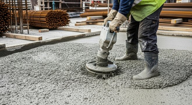 Construction worker smoothing wet concrete with a power trowel machine