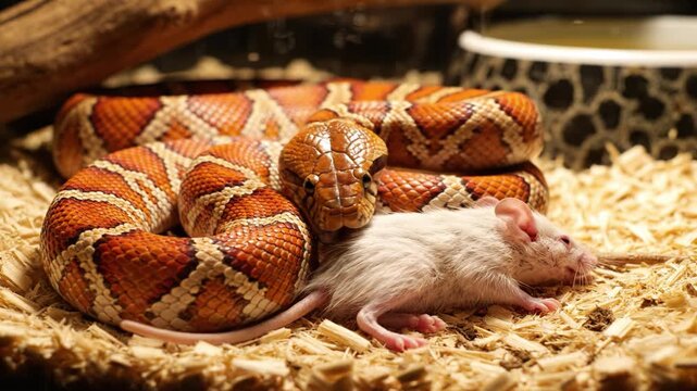 Close up orange corn snake eyeing white mouse prey on wood shavings. Captures tension of feeding time in captivity, ideal for reptile care or predator prey concepts.