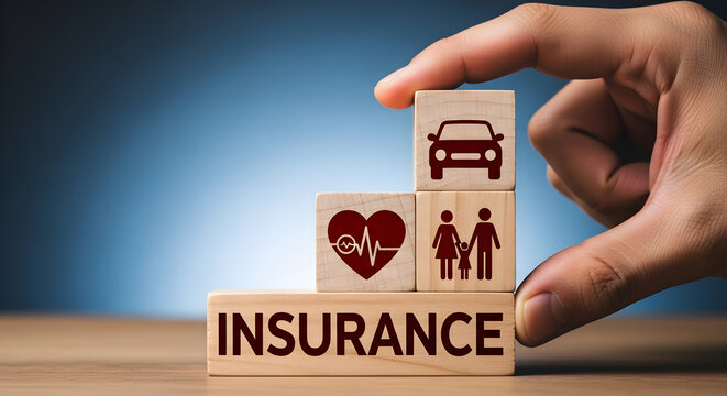 Hand places car insurance block atop family and health blocks symbolizing comprehensive coverage and financial protection against risks with wooden blocks on a blue background