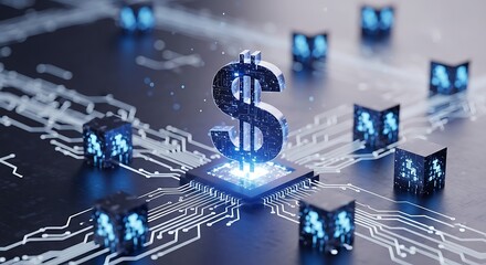 Dollar sign on a microchip representing digital currency concept