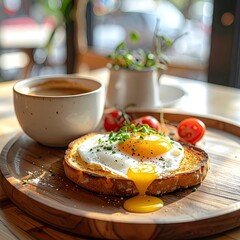 Breakfast Still Life with Fried Egg on Toast Served with Coffee and Cherry Tomatoes