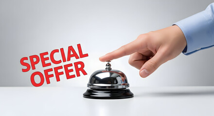 Hand presses a shiny silver service bell with a "Special Offer" text overlay suggesting a promotion or deal in a hotel restaurant or retail setting highlighting customer service and value