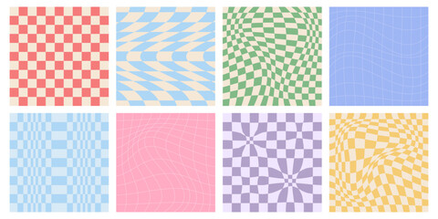 Obraz premium Retro groovy pattern collection with y2k checker backgrounds and psychedelic checkerboard designs for trendy aesthetic. Wavy distorted grids with pastel colors. Vintage geometric textures set.