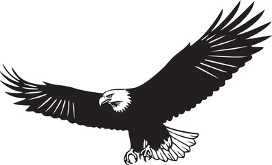 Obraz premium A majestic bald eagle soaring with outstretched wings, a powerful bird of prey captured in a bold black and white graphic illustration