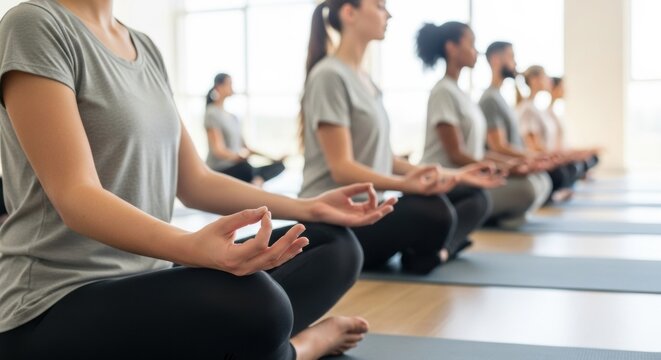 A diverse group of people practice mindfulness meditation in a bright yoga studio, sitting in a serene row on mats with a close-up focus on a hand in a mudra gesture