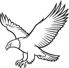Fototapeta premium A powerful bald eagle captured in mid-flight with wings spread wide, presented in a clean black and white line art vector illustration style