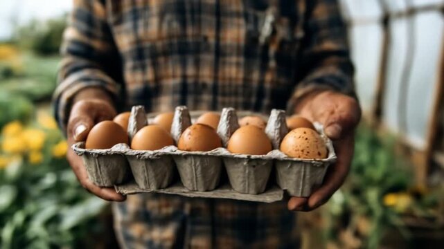 A person in a plaid shirt holds a carton of brown eggs outdoors; a green garden blurs behind, sunny