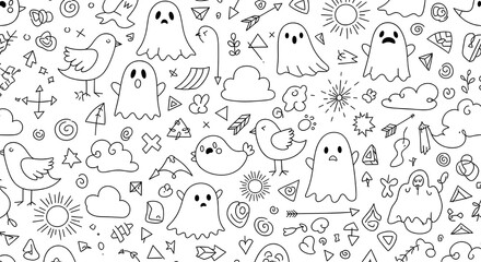 Obraz premium Fun Charming Doodle Pattern in Black-and-White Line Art