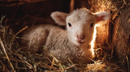 gentle newborn lamb lies in hay inside rustic stable looking towards soft light christmas nativity scene christian and easter holiday concept banner website header 2026