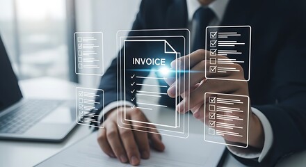 Businessman analyzing invoice document using digital interface technology