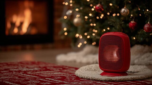 246Red space heater glowing dangerously close to a Christmas tree skirt, flames beginning to catch on fabric, warm holiday lights reflecting off ornaments, illustrating winter fire ri