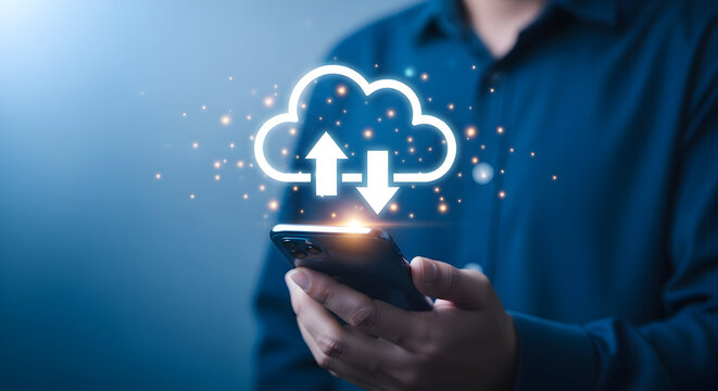 Person using smartphone with cloud computing icon for data storage and transfer showcasing digital technology and online services for business and personal use in a modern world