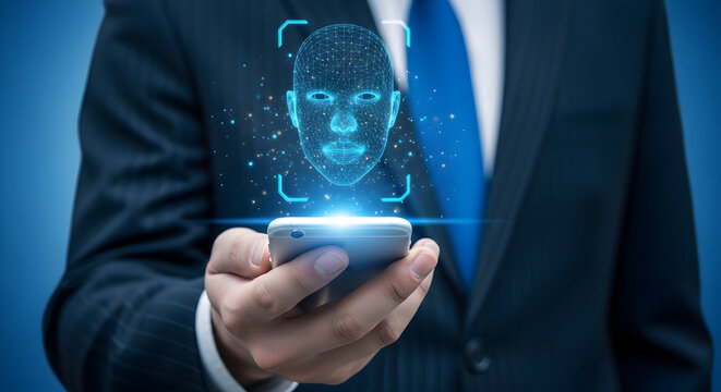 Businessman uses facial recognition on his smartphone for security and identification showcasing advanced technology and biometric authentication in a professional setting against a blue background