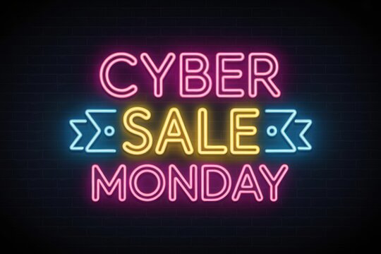 Cyber sale monday neon sign on dark brick wall for online shopping advertisement