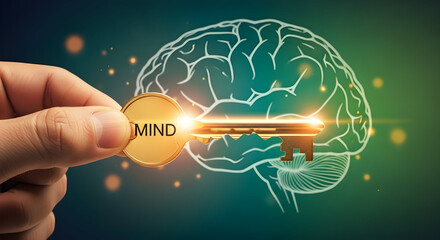 Hand holding a golden mind key unlocking the brain symbolizing mental health cognitive function and psychological wellbeing with a focus on memory intelligence and understanding