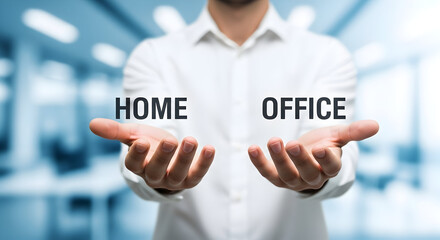 Man presents the choice between working from home and working from the office showcasing the flexibility and options available for modern professionals in a changing work environment