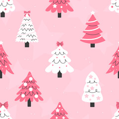 Seamless pattern with Christmas trees decorated with Christmas toys and garlands on a pink background. Vector New Year and Christmas illustrations