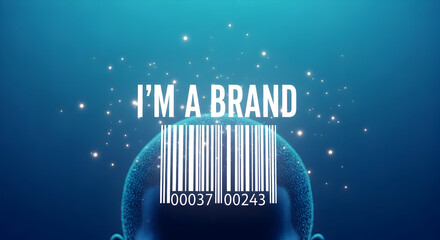 "I'm a brand" concept with a barcode design overlayed on a human head silhouette against a blue background with sparkling lights representing identity marketing and personal branding strategies