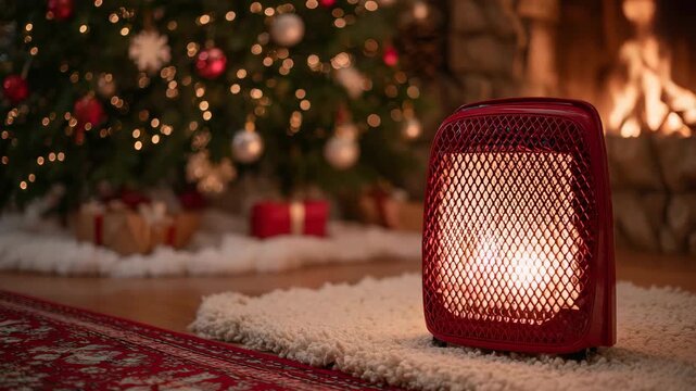 249Red space heater glowing dangerously close to a Christmas tree skirt, flames beginning to catch on fabric, warm holiday lights reflecting off ornaments, illustrating winter fire ri