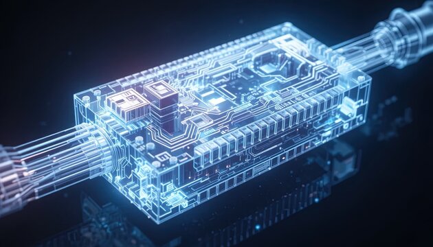 Cutting-edge technology with complex circuit board design for a modern digital future, visualizing data transfer and system connectivity with dynamic blue light