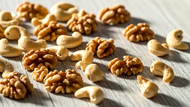 A close-up view of assorted nuts scattered on a wooden surface, showcasing their textures and colors