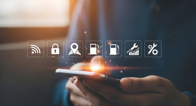 Person using a smartphone with various icons displayed including wifi security location gas repair and percentage suggesting connectivity safety navigation fuel maintenance and statistics