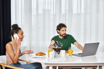 Cozy morning at home with coffee, conversation, and digital engagement